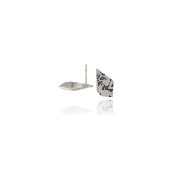 Silver angular stud earrings with etched and oxidised handwriting